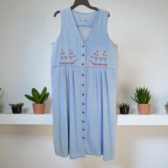 Vintage Chambray Cotton Denim Full Button Front Maxi Dress Pockets Size L - Picture 1 of 7